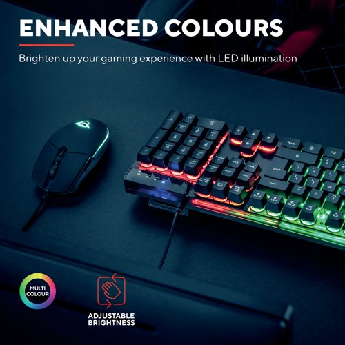 The GXT 838 Azor Gaming Mouse and Keyboard work with all PCs and laptops simply plug in and start gaming. Set up the keyboard at the right height with the anti-slip rubber feet and you are ready to game in full colour. The keyboard comes with combined LED colour modes with adjustable brightness. Its anti-ghosting technology ensures that you can game fast and accurately, remain in control even when you press up to 8 keys simultaneously. The keyboard has 12 direct access media keys, making it possible to control your music or the illumination of the keyboard. You can even play music, start a search or change pages directly with the keys on your keyboard. The special game mode switch ensures that you won't return to your desktop accidentally when hitting the Windows key as it is disabled during gaming sessions. The mouse has 6 responsive buttons and illuminated design. Choose your preferred speed with the DPI select button and the continuous cycling colours will bring your gaming set-up to life.