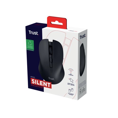 The Trust Mydo Wireless Mouse with advanced silent buttons, scroll wheel and optical sensor for reliable and responsive control. It has two silent main buttons, its quiet clicks ensure you will not disturb yourself or others around you. The mouse has adjustable cursor speed (1000-1800 DPI), this mouse lets you pick the speed that is right for you. Enjoy full freedom with a wireless range of 10m. The mouse provides a comfortable fit in either hand.