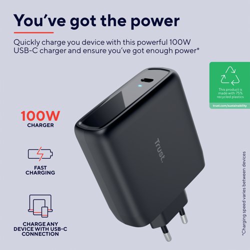 TRS25209 | The Trust Maxo Charger is compatible with any device with a USB-C connection, you can charge your smartphone, tablet or laptop the choice is yours. Enjoy working from your desk, sofa, or bed with the extra-long 2m USB-C cable which offers the freedom and flexibility to plug in wherever you like. Keen travellers will find the Maxo the perfect travel companion thanks to its compatibility with all wall power socket voltages worldwide. The only thing better than a fast charger is one that is sustainable too. With a composition of 75% recycled materials, the Maxo helps you power up with added peace of mind.