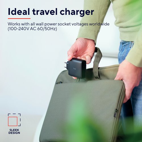 The Trust Maxo Charger is compatible with any device with a USB-C connection, you can charge your smartphone, tablet or laptop the choice is yours. Enjoy working from your desk, sofa, or bed with the extra-long 2m USB-C cable which offers the freedom and flexibility to plug in wherever you like. Keen travellers will find the Maxo the perfect travel companion thanks to its compatibility with all wall power socket voltages worldwide. The only thing better than a fast charger is one that is sustainable too. With a composition of 75% recycled materials, the Maxo helps you power up with added peace of mind.