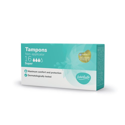 TSL26409 | Interlude period care provides high performance, effective protection at exceptional value. In line with the leading brands, we have developed Interlude with an uncompromising commitment to ultimate protection, security and comfort. Developed to provide all round comfort and protections for up to 8 hours. Dermatologically tested. This super pack contains 16 digital tampons super per box. 12 packs supplied.