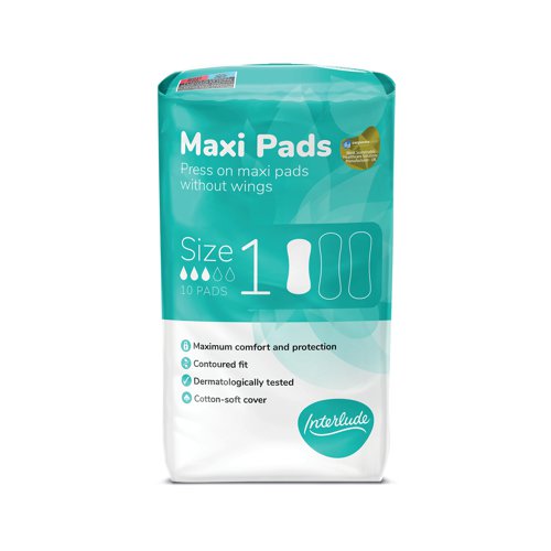 TSL26438 | Interlude period care provides high performance, effective protection at exceptional value. In line with the leading brands, we have developed Interlude with an uncompromising commitment to ultimate protection, security and comfort. With a cotton-soft cover for maximum comfort. These maxi pads are specially designed with a contoured fit for use any time. Individually wrapped. Dermatologically tested. 10 pads per packet. 24 packs supplied.