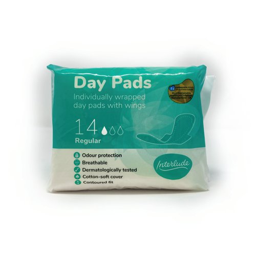 TSL26485 | Interlude period care provides high performance, effective protection at exceptional value. In line with the leading brands, we have developed Interlude with an uncompromising commitment to ultimate protection, security and comfort. Ultra pads have a cotton-soft cover for maximum comfort. These breathable pads, with odour protection are specially designed to be thicker with a contoured fit for use any time. Individually wrapped. Dermatologically tested. 14 pads per packet. 12 packs supplied.