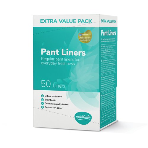 TSL26487 | Interlude period care provides high performance, effective protection at exceptional value. In line with the leading brands, we have developed Interlude with an uncompromising commitment to ultimate protection, security and comfort. With a cotton-soft cover for maximum comfort. These pant liners are breathable and with odour protection ideal for use anytime. Dermatologically tested. These extra value packs are boxed in 50's. 12 packs supplied.