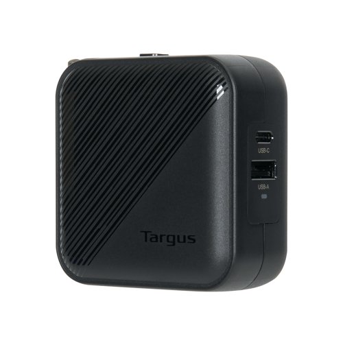 The Targus 65W GaN Wall Charger packs ultimate charging power in a small package and charges faster, runs cooler, and lasts longer than traditional chargers. Equipped with 1 USB-C port (with a single port use up to 65W) and 1 USB-A port with quick-charge capabilities supporting 18W, this charger can connect to two devices so you can simultaneously power up your laptop and phone. And because GaN charging is more efficient in power transfer, it uses less energy, so you can count on cooler and safer charging. From its lightweight structure and slim, compact design, the charger will not take up room in your luggage. Its US plug has foldable prongs making it easy to slip into your briefcase or backpack on-the-go.