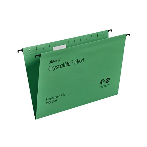 Bring some colour into your organisation with this eye-catching Crystalfile Flexi suspension file. With a 15mm classic V-shape design they can hold up to 150 sheets of foolscap paper. A reinforced base provides strength and durability, and pre-cut tab locators make for easy tab positioning across the file. The bright green colour is perfect for a colour coded filing system. This pack of 50 files is supplied complete with Flexi tabs and inserts.