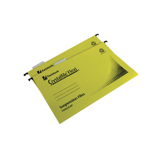 Crystalfile Flexi suspension files with 15mm classic V-shape design that holds up to 150 sheets of foolscap paper. A reinforced base provides strength and durability, and pre-cut tab locators make for easy tab positioning across the file. The bright yellow colour is perfect for a colour coded filing system. This pack of 50 files is supplied complete with Flexi tabs and inserts.