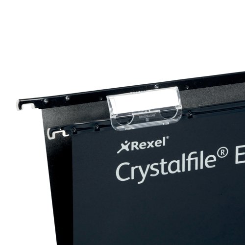 These Crystalfile Extra foolscap suspension files have a 15mm capacity with the ability to hold up to 150 sheets of 80gsm paper. Made from high quality polypropylene that is five times stronger than manilla, the smart satin surface can be wiped clean and keeps the contents safe and secure. Supplied complete with tabs and printable inserts, the files also have matching coloured runners, ideal for colour coded filing systems. This pack contains 25 black files.