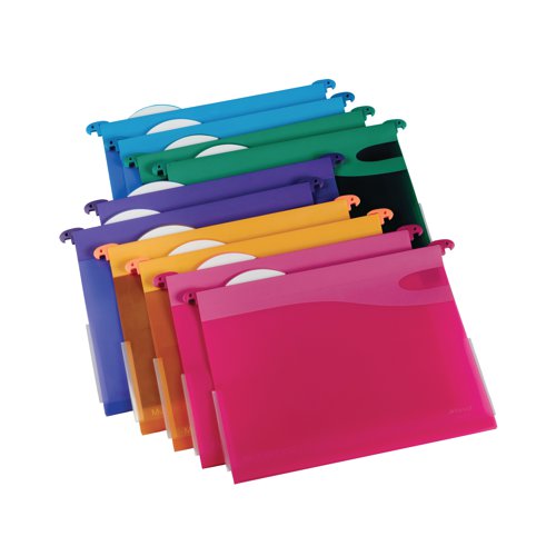 This pack of Rexel Multifile Suspension Files combines rugged durability, easy categorisation and style without compromise. The files are made from resilient polypropylene, providing a lifespan that is up to 5 times greater than manilla. They have a 30mm capacity for up to 30 sheets of 80gsm A4 paper. The vibrant colours of this assorted pack make these suspension files perfect for colour coded filing. This assorted pack of 10 contains two blue, pink, purple, green and orange files and also includes multi-positionable tabs and white sticker labels.