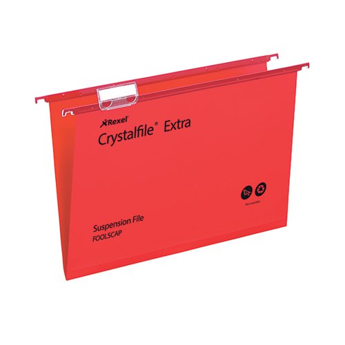 These Crystalfile Extra foolscap suspension files have a 15mm capacity with the ability to hold up to 150 sheets of 80gsm paper. Made from high quality polypropylene that is five times stronger than manilla, the smart satin surface can be wiped clean and keeps the contents safe and secure. Supplied complete with tabs and printable inserts, the files also have matching coloured runners, ideal for colour coded filing systems. This pack contains 25 red files.