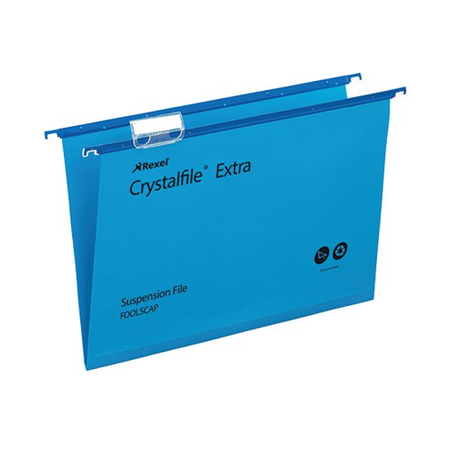 These Crystalfile Extra foolscap suspension files have a 15mm capacity with the ability to hold up to 150 sheets of 80gsm paper. Made from high quality polypropylene that is five times stronger than manilla, the smart satin surface can be wiped clean and keeps the contents safe and secure. Supplied complete with tabs and printable inserts, the files also have matching coloured runners, ideal for colour coded filing systems. This pack contains 25 green files.