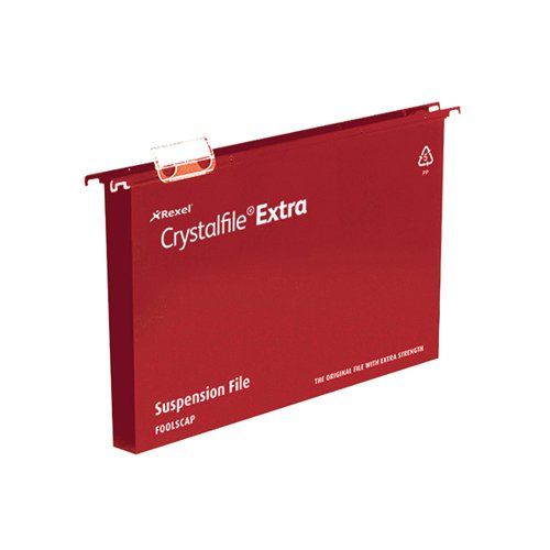 TW70632 | The Crystalfile Extra File has a tough polypropylene construction, which is designed to last up to 5 times longer than a standard manilla file. The extra wide 30mm capacity means that the folder can take up to 300 sheets of 80gsm paper. This pack contains 25 red foolscap files.