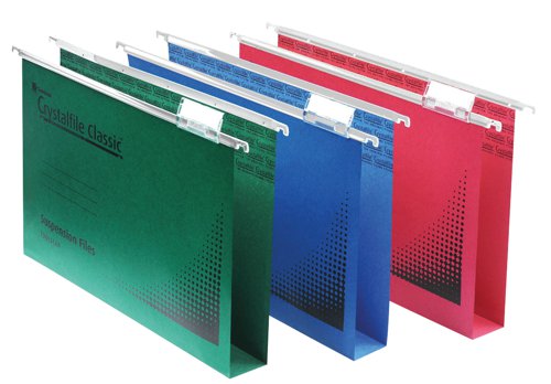 The Rexel Crystalfile Classic suspension file is made from premium quality manilla for long lasting use. Ideal for loose document storage, its pre-printed labelling area ensures easy referencing whenever you need to search back through your documents. Able to accommodate up to 300 sheets of 80gsm paper, it includes multi-positionable plastic tabs and printable card inserts. These suspension files can be used for filing cabinets, desk drawer chassis and desk top organisers. This pack contains 50 green foolscap files.