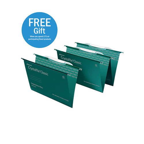This pack of 50 Rexel Crystalfile Classic foolscap suspension files have a 15mm capacity with the ability to hold up to 150 sheets of 80gsm paper. Made from high quality manilla and from 100% recycled materials with extra strong steel runners for additional support, these suspension files come complete with snap proof, multi-positionable tabs and printable inserts. Ideal for filing cabinets, desk drawers and desk top organisers, this pack contains 50 green files.