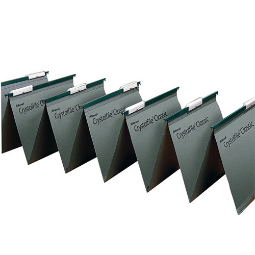 These handy Rexel Crystalfile suspension files are linked concertina style to save space and prevent mis-filing. Made from durable manilla, the files are supplied with top tabs for quick identification of contents and handy printable inserts. Each file has a 15mm capacity which can hold up to 150 sheets of A4 or foolscap paper. This pack contains 50 green suspension files.