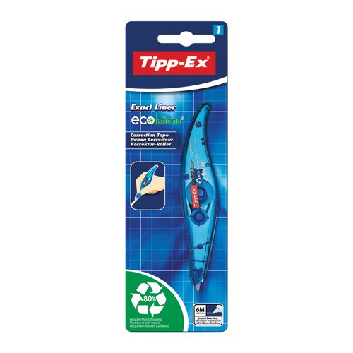 TX10136 | This Tipp-Ex Exact Liner provides instant correction with a unique curved body for comfortable use and precise application. The environmentally friendly design is made from 80% recycled plastic and contains tear resistant tape measuring 5mm x 6m. This pack contains 1 Exact Liner.