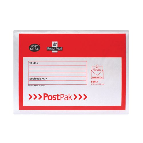 Post Office Postpak Size 3 Bubble Envelope 220x245mm White/Red (Pack of 100) 41631 Post Office