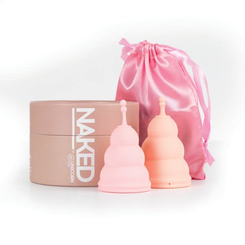A twin pack of Naked by Unicorn period cups which fold flat, into their own case. A waste-free alternative to traditional disposable towels and tampons. Made of 100% medical grade silicone and the sterilising/carry case is made of food grade silicone. Each Unicorn cup can be used for anything up to 12 hours, holding as much as 4-6 times that of pads or tampons. Unicorn cup can be sterilised at the end of each cycle (boiling water or sterilising tablet). Can be used repeatedly for up to 10 years. The cup is inserted into the vaginal canal and opens up inside to create an air-tight seal, it sits below your cervix to collect blood flow. Comes in 2 sizes, the twin pack offers users the opportunity to find the right fit, or use both, depending on lighter or heavier flow days. QR code on the packaging directs users to an instruction video, how to insert, remove and sterilise.