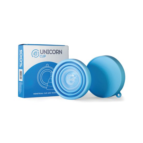 The Unicorn Cup is a unique menstrual cup which folds flat into its own storage/wash case. The menstrual cup is made from 100% medical grade silicone and the storage/wash case is made from food grade silicone. It can be used for up to 12 hours, holding up to 6 times that of a sanitary towel or tampon. The Unicorn Cup can be sterilised at the end of each cycle (using the storage/wash case and a sterilising tablet) and used repeatedly for up to 10 years. This waste-free alternative is comfortable, soft and flexible, and easy to insert and remove. Made from hypo-allergenic, Latex free, BPA free silicone, it is suitable for even those with allergies. Supplied in blue.