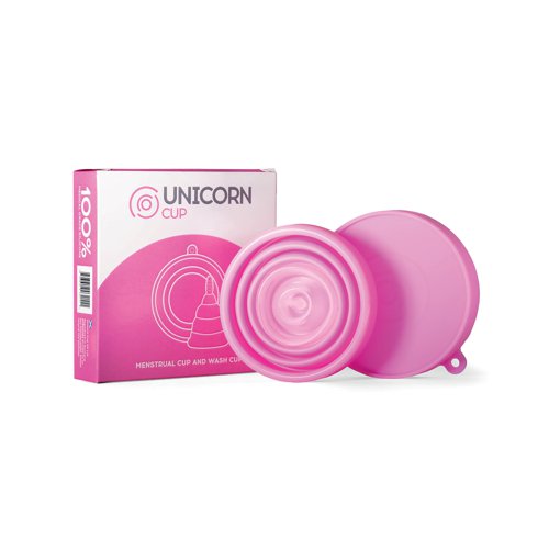 UNI39765 | The Unicorn Cup is a unique menstrual cup which folds flat into its own storage/wash case. The menstrual cup is made from 100% medical grade silicone and the storage/wash case is made from food grade silicone. It can be used for up to 12 hours, holding up to 6 times that of a sanitary towel or tampon. The Unicorn Cup can be sterilised at the end of each cycle (using the storage/wash case and a sterilising tablet) and used repeatedly for up to 10 years. This waste-free alternative is comfortable, soft and flexible, and easy to insert and remove. Made from hypo-allergenic, Latex free, BPA free silicone, it is suitable for even those with allergies. Supplied in pink.