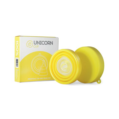 The Unicorn Cup is a unique menstrual cup which folds flat into its own storage/wash case. The menstrual cup is made from 100% medical grade silicone and the storage/wash case is made from food grade silicone. It can be used for up to 12 hours, holding up to 6 times that of a sanitary towel or tampon. The Unicorn Cup can be sterilised at the end of each cycle (using the storage/wash case and a sterilising tablet) and used repeatedly for up to 10 years. This waste-free alternative is comfortable, soft and flexible, and easy to insert and remove. Made from hypo-allergenic, Latex free, BPA free silicone, it is suitable for even those with allergies. Supplied in yellow.