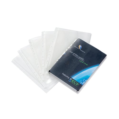 These premium, embossed 120 micron pockets feature a gusset which expands to a maximum of 30mm width, storing up to 300 sheets of A4 paper. The top opening allows easy access to contents and they are Copysafe so print will not lift off. Made from 100% biodegradable material which is fully recyclable, these environmentally friendly pockets are made from 50% recycled material. Supplied in a pack of 10 clear pockets.