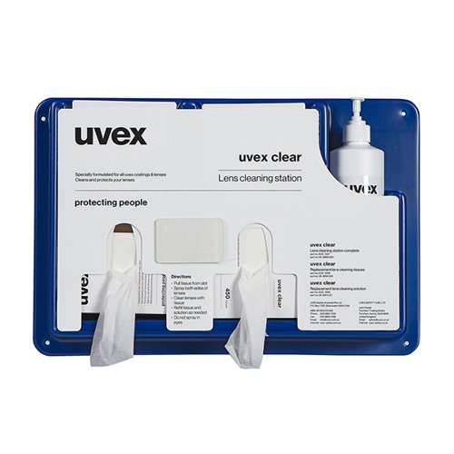 UV00173 | Uvex Lens Cleaning Station for eyewear is ideal for workplaces where there are multiple workers. The kit with dimensions: W 340mmXL 480mmxH 165mm, comes with: - Cleaning tissues (4 Box es of 450); 1x16oz bottle of cleaning fluid; and mirror with mounting screws. The non-abrasive tissues are highly absorbent and the Uvex lens cleaning fluid has been specifically designed to clean lenses without affecting the permanent anti-fog and scratch resistant lens coating technology.
