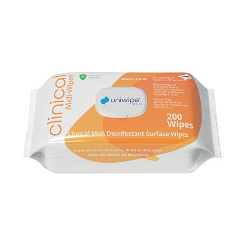 These Uniwipe midi clinical disinfectant wipes are designed with dual action cleaning and disinfection properties. With microbiocidal perfomance, these clinical midi wipes are active against bacteria, fungi and viruses, including Covid-19. The perfect choice for medical environments, offices, schools and homes. Alcohol free, so gentle on surfaces, they are low foaming and can be used all day, every day to ensure surfaces are clean and safe. Tested to sanitising efficacy: EN13727, EN1276 and EN14476. Kills bacteria within 30 seconds. Unscented.