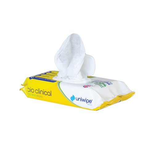 UW47144 | Uniwipe Bio Clinical Midi Wipes provide top-level antibacterial testing with excellent biodegradable properties. Antibacterial, Virucidal, Fungicidal and dermatologically tested. For use on hard surfaces. Perfect for cross-contamination avoidance and infection prevention. Effective within 30 seconds against enveloped viruses. Alcohol-free and gentle on surfaces. Sanitising efficacy passed & exceeds EN16615, EN1276, EN13727, EN13697, EN13624, EN14561, EN14476, EN16777. Unscented.