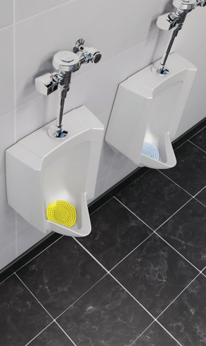 P-Screen triple action urinal mat. With an active central core which contains naturally occuring bacteria which produces enzymes to degrade organic matter and eliminate bad smells. With bubbles and bristles to reduce splashback and allows for water drainage. Made from EVA which is made from recyclable material and can be recycled. Up to 60 days of citrus mango fragrance. VOC exempt.