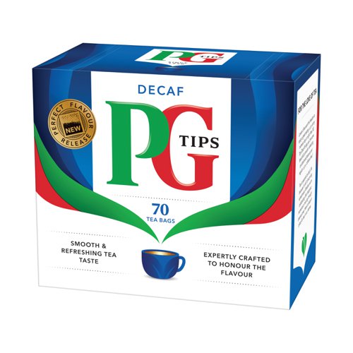 Enjoy a smooth, balanced cup of tea with these decaffeinated black tea bags from PG Tips. Simply infuse for 1 - 2 minutes and enjoy black, or with a splash of milk for a delicious cup of tea, any time of the day. This pack contains a box of 70 tea bags.