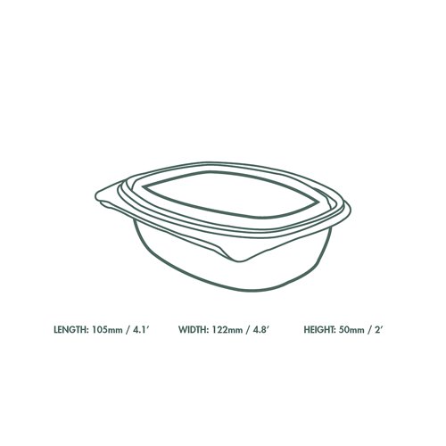 Clear curved deli container. Its integrated hinged lid has a great seal. Perfect presentation for salad bars - serve cold salads, deli treats, or fruit. Made from PLA, a renewable material made from plants. Clear for visibility. Award-winning quality by Vegware, made from plants. Commercially compostable where accepted.