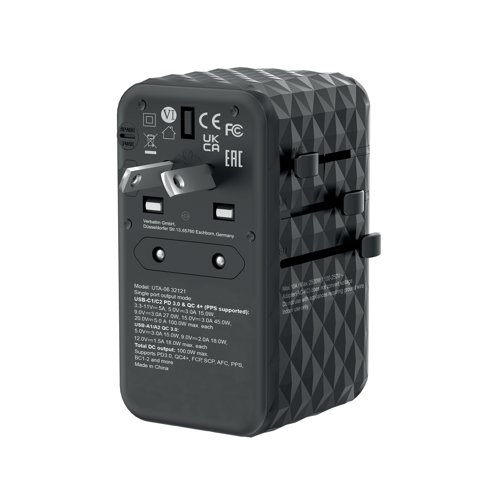 VM32121 | This Verbatim World-to-World adapter is a universal travel adapter with GaN III technology. Plug formats: EU, UK, USA/Japan and Australia; suitable for more than 180 countries. Can charge up to 5 devices simultaneously. 2 x USB-C Power Delivery 3.0 (PPS support) and Quick Charge 4+ output: up to 100W each and 2 x USB-A Quick Charge 3.0 output: up to 18W. Casing is made from flame resistant polycarbonate material. Safety shutter for child protection. Features a status LED indicator. Fuse: 10A (BS1362 compliant). Includes a travel pouch. Accepts plug types: A, B, C, E, F, G, I, J, L, N. For indoor use only. Includes a travel pouch.