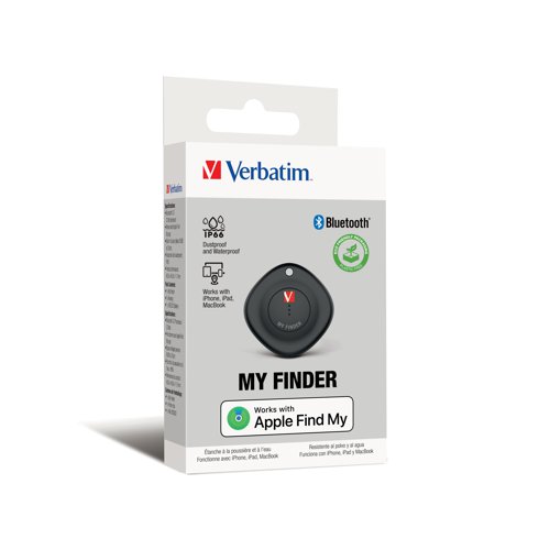 VM32130 | Verbatim's My Finder is a tracking device that works exclusively with Apple's Find My App. Simply attach the My Finder to any item that you need to keep track of and you can locate the item through the Find My App on your iPhone, iPad and MacBook. Misplaced keys, bags and other valuables are a thing of the past with Verbatim's My Finder Bluetooth tracker. Simply attach the versatile tag to the item you want to track and use Apple Find My app to locate it when missing. Within the app's Lost Mode, you can enter your contact details in the event that your missing item is located by someone else in the Apple Find My network. Supplied in black.