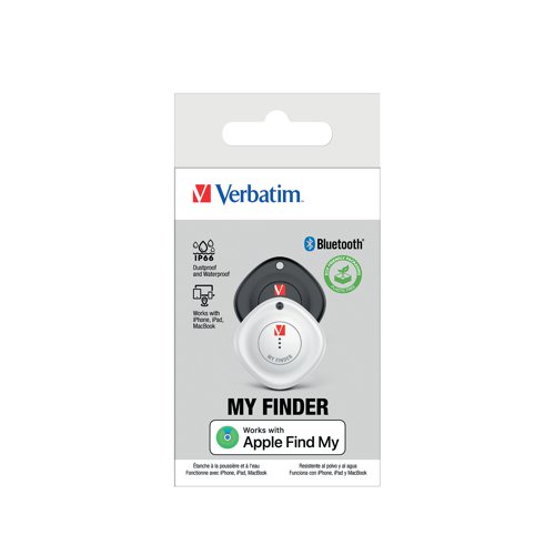 Verbatim's My Finder is a tracking device that works exclusively with Apple's Find My App. Simply attach the My Finder to any item that you need to keep track of and you can locate the item through the Find My App on your iPhone, iPad and MacBook. Misplaced keys, bags and other valuables are a thing of the past with Verbatim's My Finder Bluetooth tracker. Simply attach the versatile tag to the item you want to track and use Apple Find My app to locate it when missing. Within the app's Lost Mode, you can enter your contact details in the event that your missing item is located by someone else in the Apple Find My network. Supplied in a pack of 2 (one in black and one in white).