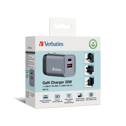 Verbatim GNC-35 GaN 35W 2 Port Charger 32200 VM32200 Buy online at Office 5Star or contact us Tel 01594 810081 for assistance