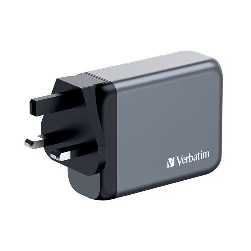 Verbatim's 100W GaN Wall Charger consolidates multiple chargers into one, combining two USB-C PD 100W ports, one USB-C PD 65W port and one USB-A QC 3.0 (EU/UK/US) port in a sleek, palm sized design. Ideal for the office, home or travelling to power your laptop, tablet, smartphone, gaming devices, and more. With its foldable US prongs and replaceable EU and UK plugs, it's the ultimate travel companion. Galliam Nitride (GaN) technology delivers high-powered, fast, efficient charging, and generates less heat. GaN chargers are smaller and lighter than traditional silicon-based chargers, making them ultra-portable and ideal for travel.