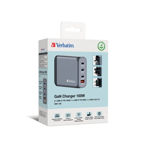 Verbatim GNC-100 GaN 100W 4 Port Charger 32202 VM32202 Buy online at Office 5Star or contact us Tel 01594 810081 for assistance