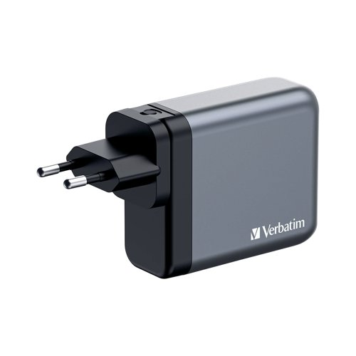 Verbatim's 140W GaN Wall Charger combines two USB-C PD 140W ports, one USB-C PD 20W port and one USB-A QC 3.0 port in a sleek, palm sized design. Ideal for the office, home or travelling to power your laptop, tablet, smartphone, gaming devices, and more. With its foldable US prongs and replaceable EU and UK plugs, it's the ultimate travel companion. Galliam Nitride (GaN) technology delivers high-powered, fast, efficient charging, and generates less heat. GaN chargers are smaller and lighter than traditional silicon-based chargers, making them ultra-portable and ideal for travel.