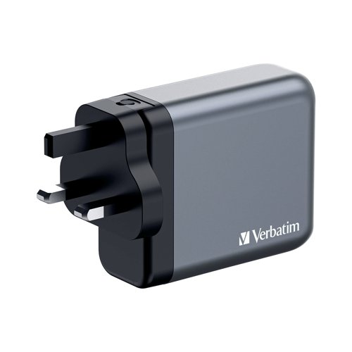 VM32203 | Verbatim's 140W GaN Wall Charger combines two USB-C PD 140W ports, one USB-C PD 20W port and one USB-A QC 3.0 port in a sleek, palm sized design. Ideal for the office, home or travelling to power your laptop, tablet, smartphone, gaming devices, and more. With its foldable US prongs and replaceable EU and UK plugs, it's the ultimate travel companion. Galliam Nitride (GaN) technology delivers high-powered, fast, efficient charging, and generates less heat. GaN chargers are smaller and lighter than traditional silicon-based chargers, making them ultra-portable and ideal for travel.