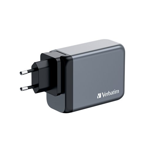 Verbatim's 200W GaN Wall Charger combines two USB-C PD 100W ports, one USB-C PD 65W port and one USB-A QC 3.0 port in a sleek, palm sized design. Ideal for the office, home or travelling to power your laptop, tablet, smartphone, gaming devices, and more. With its foldable US prongs and replaceable EU and UK plugs, it's the ultimate travel companion. Galliam Nitride (GaN) technology delivers high-powered, fast, efficient charging, and generates less heat. GaN chargers are smaller and lighter than traditional silicon-based chargers, making them ultra-portable and ideal for travel.