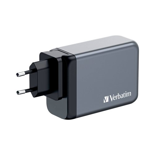 Verbatim's 240W GaN Wall Charger combines one USB-C PD 140W port, one USB-C PD 100W port, one USB-C PD 65W port and one USB-A QC 3.0 port in a sleek, palm sized design. Ideal for the office, home or travelling to power your laptop, tablet, smartphone, gaming devices, and more. With its foldable US prongs and replaceable EU and UK plugs, it's the ultimate travel companion. Galliam Nitride (GaN) technology delivers high-powered, fast, efficient charging, and generates less heat. GaN chargers are smaller and lighter than traditional silicon-based chargers, making them ultra-portable and ideal for travel.