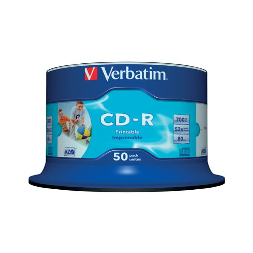 Verbatim CD-R AZO 52x 700MB Wide Inkjet Printable Spindle (Pack of 50) 43438 - VM43438