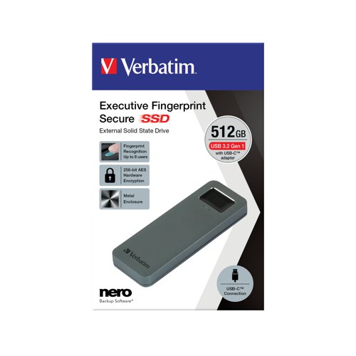 Verbatim Executive Fingerprint Secure Solid State Drive (SSD) USB 3.2 Gen 1 USB-C 512GB Grey 53656 | VM43656 | Verbatim