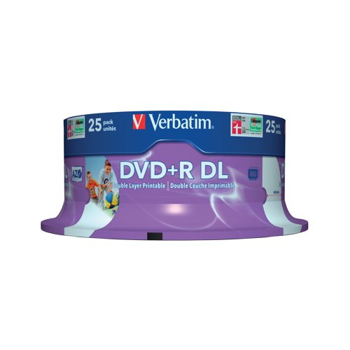 Verbatim DVD-R DL 8x 8.5GB No ID Wide Printable Spindle (Pack of 25) 43667 VM43667 Buy online at Office 5Star or contact us Tel 01594 810081 for assistance