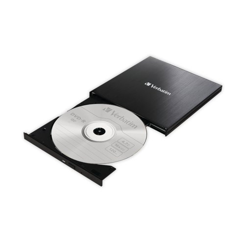VM43886 | This Verbatim external CD/DVD rewriter is ideal for use with notebooks or ultrabooks. It has a slim, lightweight design for use on the go and to save space on your workstation. Power is supplied via the USB port so there is no need for a bulky power adapter. The rewriter supports all common CD and DVD formats, including M-Disc.