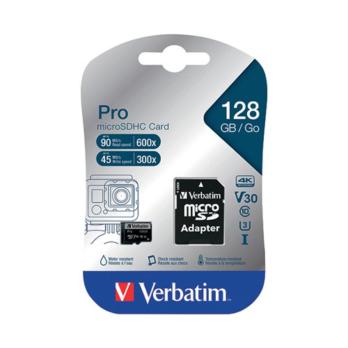 VM47044 | Designed for the most demanding applications, this Verbatim SD memory card is rated at UHS Speed Class 3 (U3), making it suitable for the latest 4K Ultra HD and Full HD video then transfer quickly to your computer for viewing and editing. Compatible with any device with an SDHC/SDXC memory card slot. Verbatim Pro microSD memory Cards are water and shock resistant. microSD to SD adapter included.