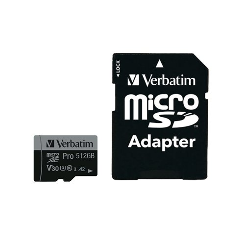 Verbatim Pro U3 Micro SDXC Memory Card 512GB with SD Adapter 47046 Flash Memory Cards VM47046