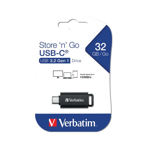 This Store 'n' Go USB-C Drive from Verbatim plugs into USB-C type compatible devices such as laptops, phones and tablets without the need for an adapter. Featuring a retractable, sliding mechanism which protects the USB connection when not in use, it simply plugs into the device for quick, efficient data transfer. With a capacity of 32GB, the flash drive is encased in black ABS plastic for durability.