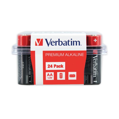 VM49505 | Verbatim batteries keep your energy hungry electronic devices powered up. These alkaline batteries are reliable and long lasting. Recommended for use in devices such as portable radios, MP3 players, cameras, toys and TV/DVD remote controls, equipment that requires constant power for long periods of time. A large pack of 24 AA alkaline batteries.